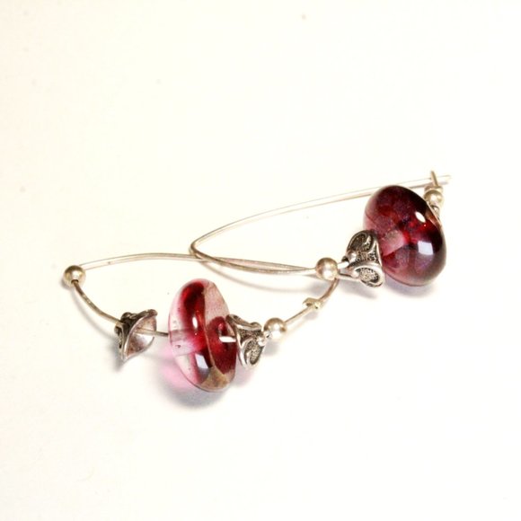 Sterling Silver Iridescent Cranberry Tumble Glass Long Dangle Earrings - Picture 4 of 8